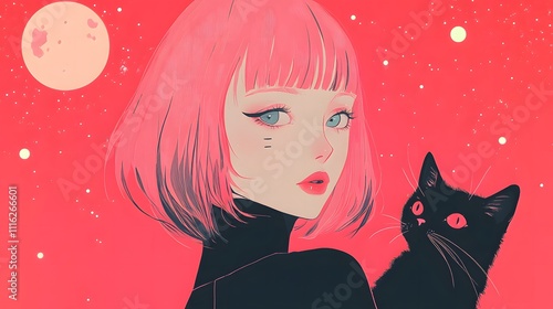 A cosmic journey of innocence and wonder, blending the charm of a Japanese girl and her feline companion with avant-garde retro-futuristic elegance. Minimalist anime-style sci-fi illustration