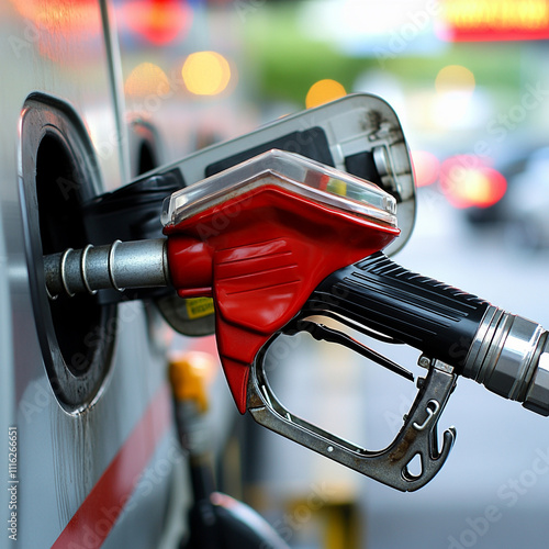 Close-up of a red fuel nozzle inserted in a car tank at a gas station, symbolizing transportation and energy in modern life.