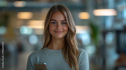 stock photo, portrait of woman in 30s who is smiling in modern office space with smartphone in one hand photo