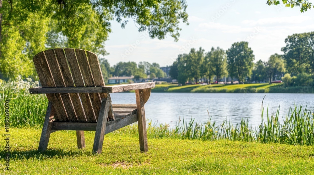 Fototapeta premium Rustic Wooden Chair by Grassy Patch Near Water