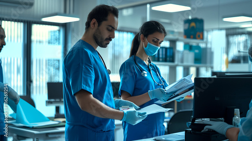 A photograph of a female and male cleaning personell standing in the office, holding medical equipments in their hands and cleaning the office photo