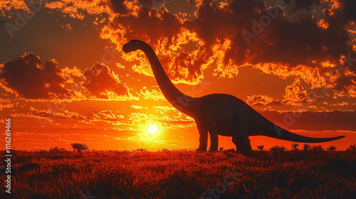 a giant brachiosaur dinosaur silhouette against a setting sun photo