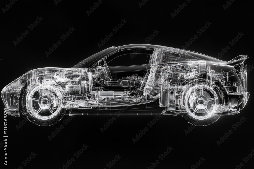 Naklejka premium X ray perspective of contemporary automobile showcasing internal parts, framework, and innovations