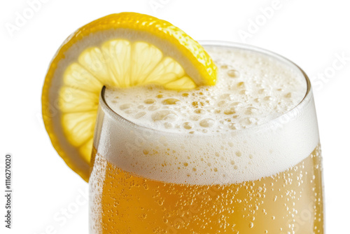 A refreshing glass of wheat beer with a cloudy appearance, topped with a thick, frothy white head. The glass is adorned with a slice of lemon on the rim, creating a vibrant and inviting look photo