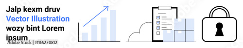 Bar chart with upward arrow, checklist on clipboard, and padlock symbolize growth, organization, and security. Ideal for business development, productivity, digital security, project management data