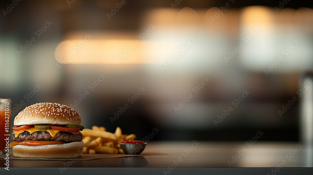 Juicy grilled burger topped with melted cheese and served with crispy fries in a casual dining atmosphere Juicy grilled burger topped with melted cheese and served with crispy fries in a casual dining atmosphere