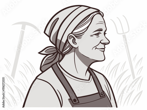 "A rugged, middle-aged farmer with a deeply tanned face and a square jaw. He has a full, unkempt beard and weathered eyes that show years of toil under the sun. His face is slightly dirty from a long 
