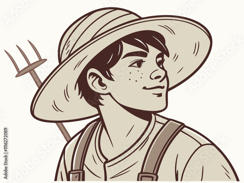 A young farmer with a fresh face, wearing a large, faded straw hat. His face is slightly sunburned with a few freckles, and he has short, dark hair peeking out from under his hat. He wears a simple, d