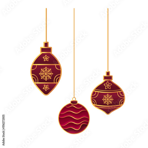 Three elegant burgundy Christmas ornaments with gold trim, featuring snowflakes and decorative wave patterns