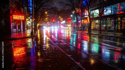 City street at night with neon lights and rain reflections, urban and moody, vibrant colors, lively and bustling, cinematic aesthetic.