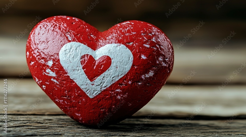 Fototapeta premium Red Heart Shaped Stone with White Heart Design on Rustic Wooden Background - Symbol of Love and