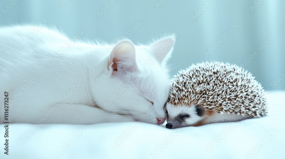 Fototapeta premium White cat and hedgehog sleeping peacefully together on a soft white surface in gentle light, AI