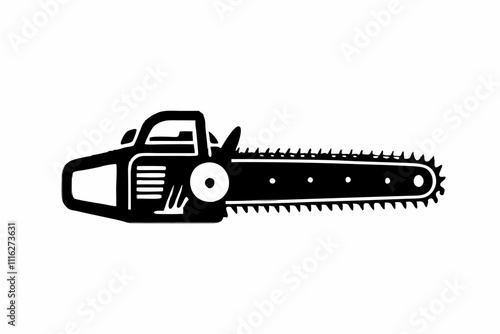 Silhouette Design of a Chainsaw with Sharp Blade Teeth and Ergonomic Handle in a Bold Minimalist Style
