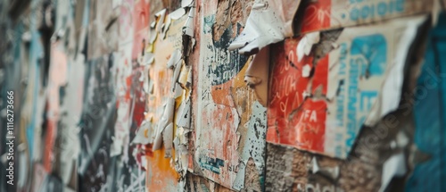 Wallpaper Mural Layers of old, torn posters create a collage of peeling colors and textured memories on a weathered urban wall. Torontodigital.ca