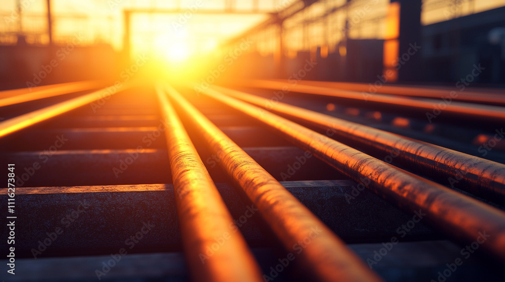 Golden sunset illuminates railway tracks, creating a striking visual with strong perspective in an industrial setting. Golden sunset illuminates railway tracks, creating a striking visual with strong perspective in an industrial setting.