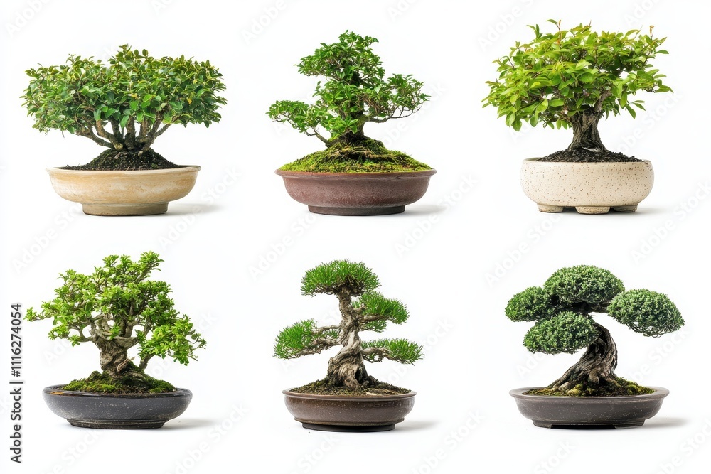Fototapeta premium Set of bonsai in a vase isolated in white background