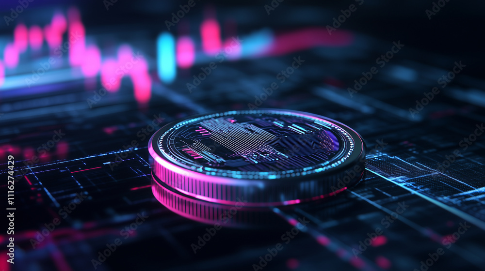 Obraz premium A glowing coin with intricate circuitry designs, set against a background of financial charts and futuristic AI graphics