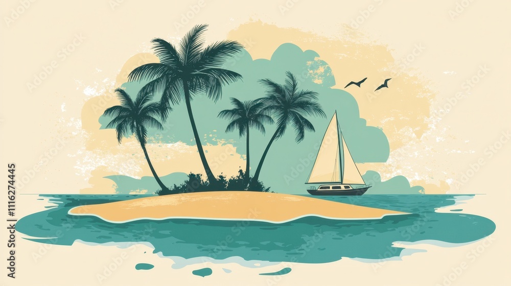Fototapeta premium Tropical Island with Coconut Trees and Sailboat