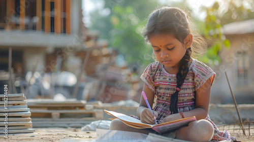 A little Desi Asian girl who works as a construction worker studies while her mother works