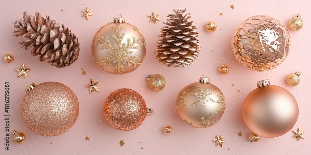 Fototapeta premium Gold baubles and snowflake on beige background
