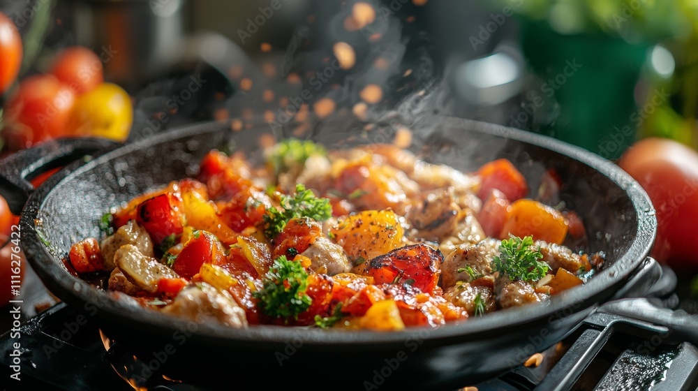 Sizzling vegetables and meat in a cast iron skillet Sizzling vegetables and meat in a cast iron skillet