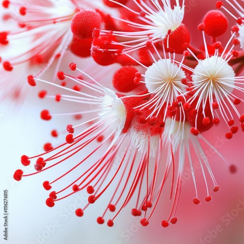 Vibrant red and white flower stamens in close-up, showcasing intricate natural details, AI