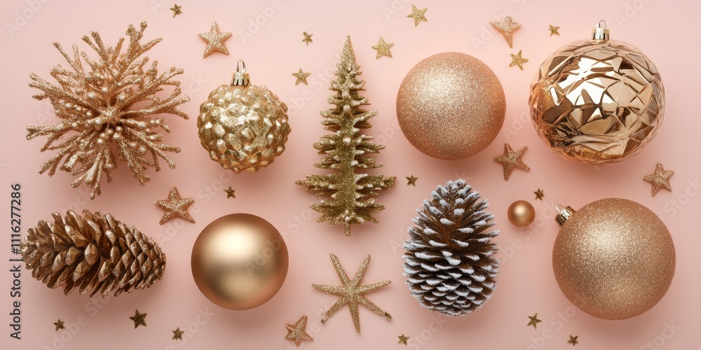 Fototapeta premium Gold baubles and snowflake on beige background