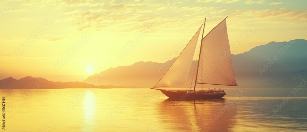 Fototapeta premium A sailboat glides serenely across a golden sea during sunset, capturing the essence of freedom and tranquility at sea.