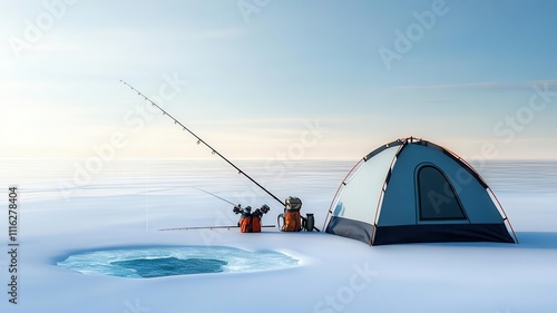 Winter break fishing. Fisherman s tent on a snowy lake, rods and gear set up near an ice hole, tranquil winter vacation setting, 3D illustration photo