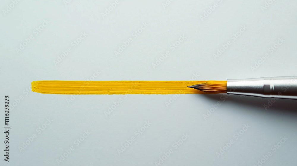 Paintbrush painting a yellow line on white surface Paintbrush painting a yellow line on white surface