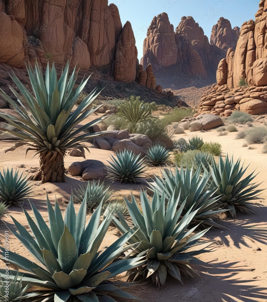 Desert landscape with a group of agave plants surrounding a rocky outcropping , plant, natural scenery