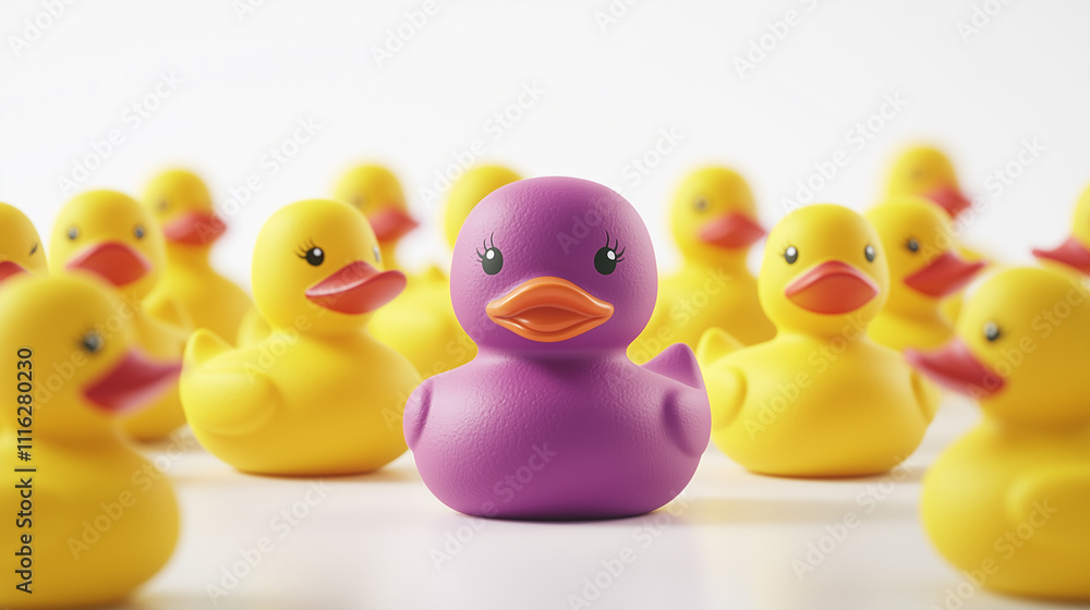 Pink, purple rubber duck with yellow ducks. Pink or purplish rubber duck in a row with yellow rubber ducks on white background, illustration of standing out from the crowe, dare to be different Pink, purple rubber duck with yellow ducks. Pink or purplish rubber duck in a row with yellow rubber ducks on white background, illustration of standing out from the crowe, dare to be different