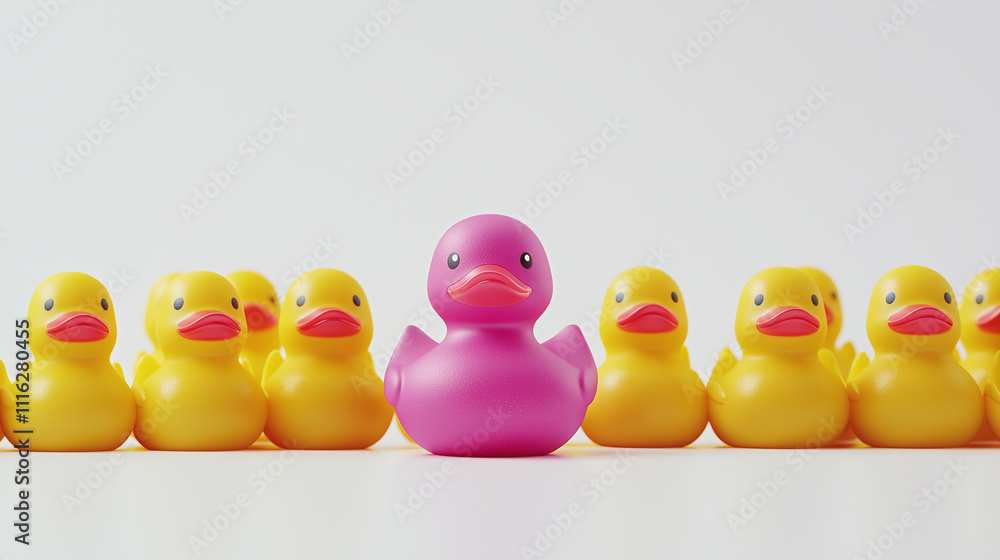 Pink, purple rubber duck with yellow ducks. Pink or purplish rubber duck in a row with yellow rubber ducks on white background, illustration of standing out from the crowe, dare to be different Pink, purple rubber duck with yellow ducks. Pink or purplish rubber duck in a row with yellow rubber ducks on white background, illustration of standing out from the crowe, dare to be different