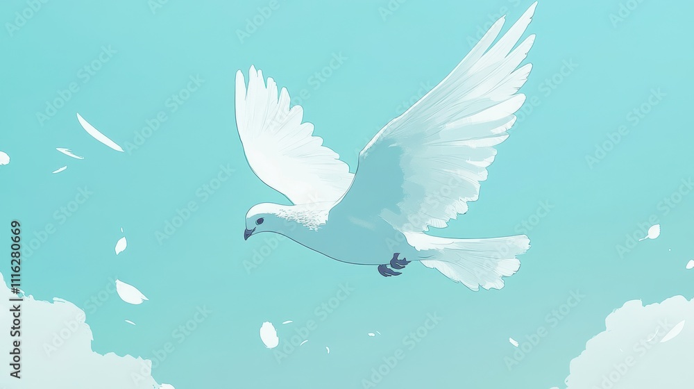 Obraz premium Serene White Dove in Mid-Flight Against a Blue Sky