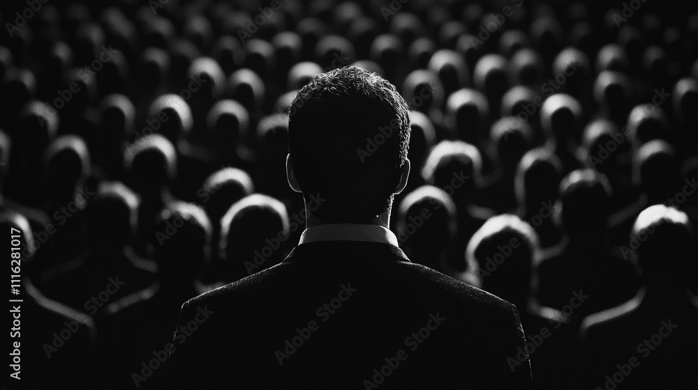 Obraz premium Silhouetted man facing an audience in a dramatic black and white setting, symbolizing leadership and influence.
