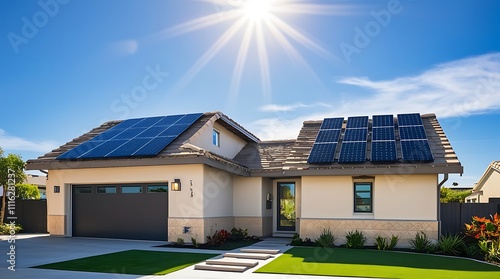 Modern Solar Panels Installed On a San Diego Home Under Clear Blue Sunny Sky, Solar Photography, Solar Powered Clean Energy, Sustainable Resources, Electricity Source
