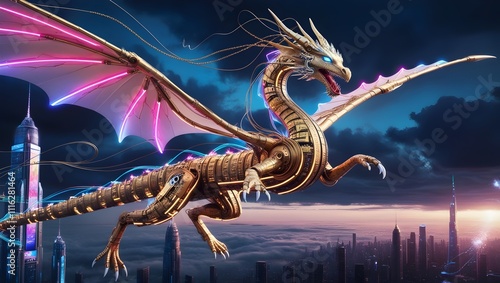 Golden Futuristic Dragon Designed for Sci-Fi Visualizations, dragon , dragons , Futuristic, metallic , ai , artificial intelligent photo