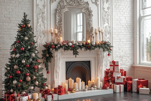 Wallpaper Mural Elegant white room with Christmas decor: fireplace, decorated tree, mirror with candles and garlands, and red gift boxes. Festive and classic holiday atmosphere. Torontodigital.ca