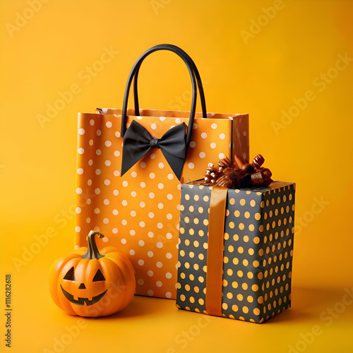 shopping bag with halloween gift box and dcoration on yellow background photo