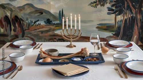 A beautifully arranged table featuring plates, bowls, and a menorah on it photo