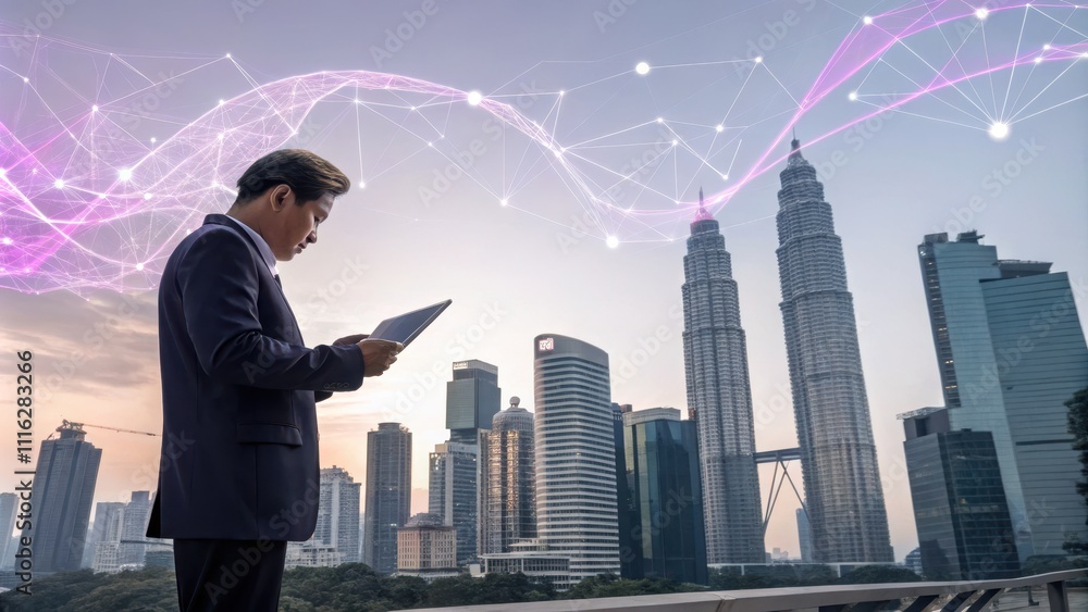 Fototapeta premium Businessman Using Tablet in Urban Setting with Digital Connectivity
