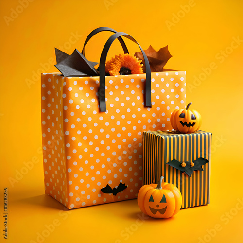 shopping bag with halloween gift box and dcoration on yellow background photo