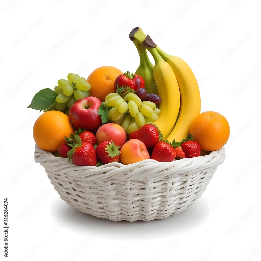 A wicker basket filled with various fresh fruits including bananas,oranges,strawberries & others A wicker basket filled with various fresh fruits including bananas,oranges,strawberries & others