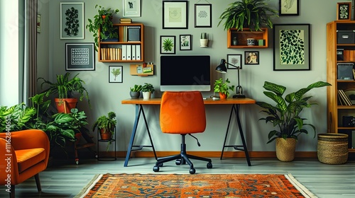 A modern home office featuring a desk, computer, and chair, surrounded by lush indoor plants against a vibrant orange wall.
