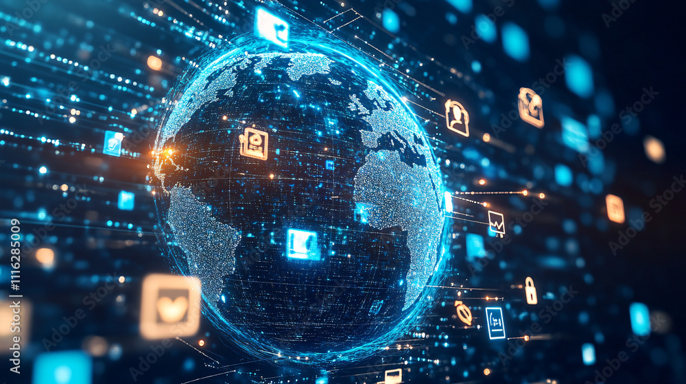 Fototapeta premium A glowing globe with interconnected dots representing global data flow, surrounded by social media, cloud computing, and online marketing icons. 