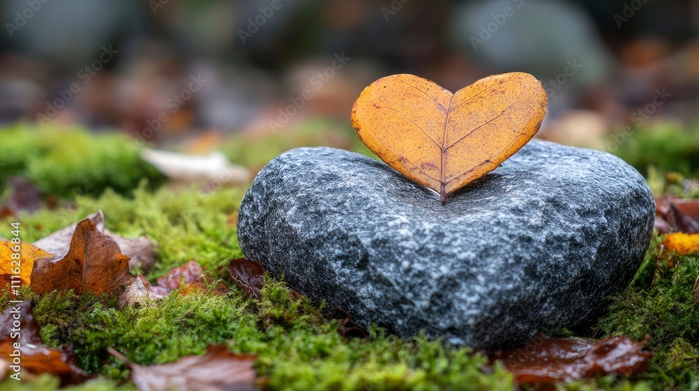 Obraz premium Heart-Shaped Leaf on Stone in Autumnal Setting