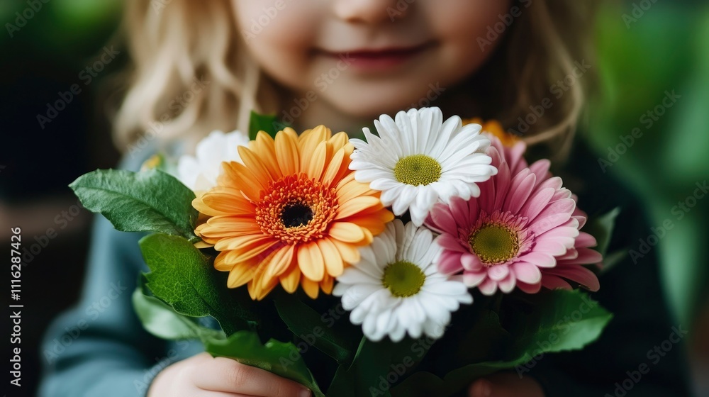 Naklejka premium Child Holding a Bouquet of Gerbera Daisies