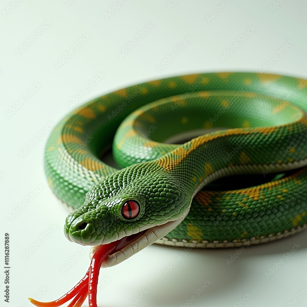 Fototapeta premium Green snake with red eyes and tongue on white background