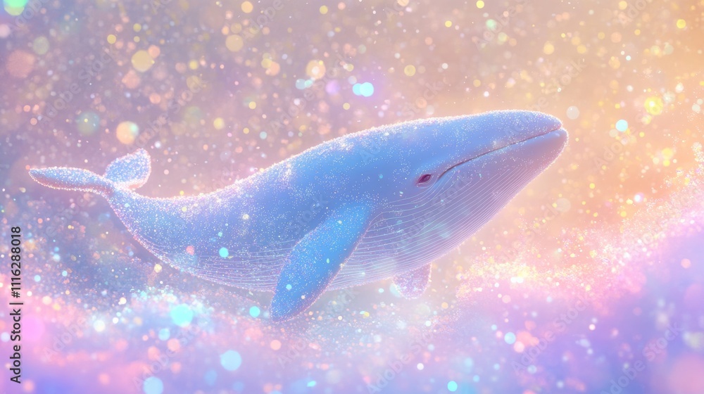 Obraz premium blank mockup template filled with an underwater scene where soft, glowing whale spirits swim through a cloud of tiny, shimmering particles, 