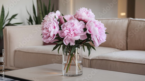 Beautiful Big Flower Bouquet of Pink Peonies in a Vase in Modern Light Living Room Interior